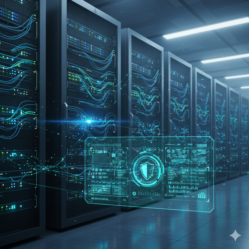 Server racks in a data center representing cloud security